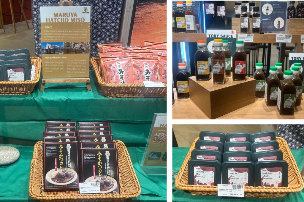 まるや八丁味噌や鳥居ソースなど東海地方の発酵調味料が並ぶ展示棚。MITSUKOSHI BGCでの「東海の発酵食フェア」販売コーナーの様子。