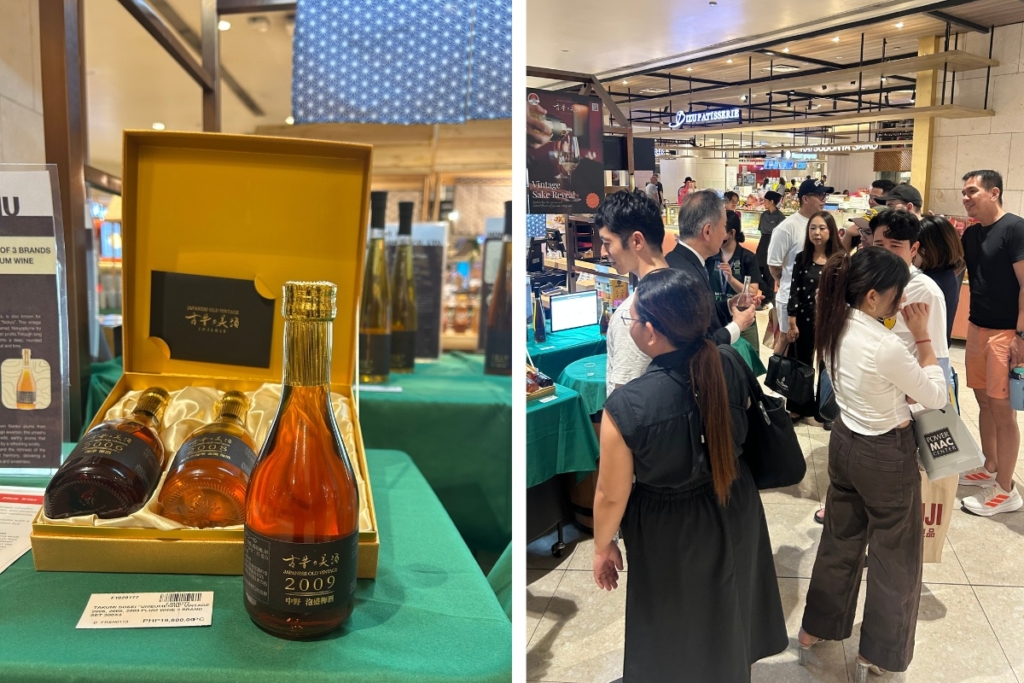 MITSUKOSHI BGCで行われた古昔の美酒の試飲イベント。来場者がブースで古酒を味わい、スタッフと交流する様子。